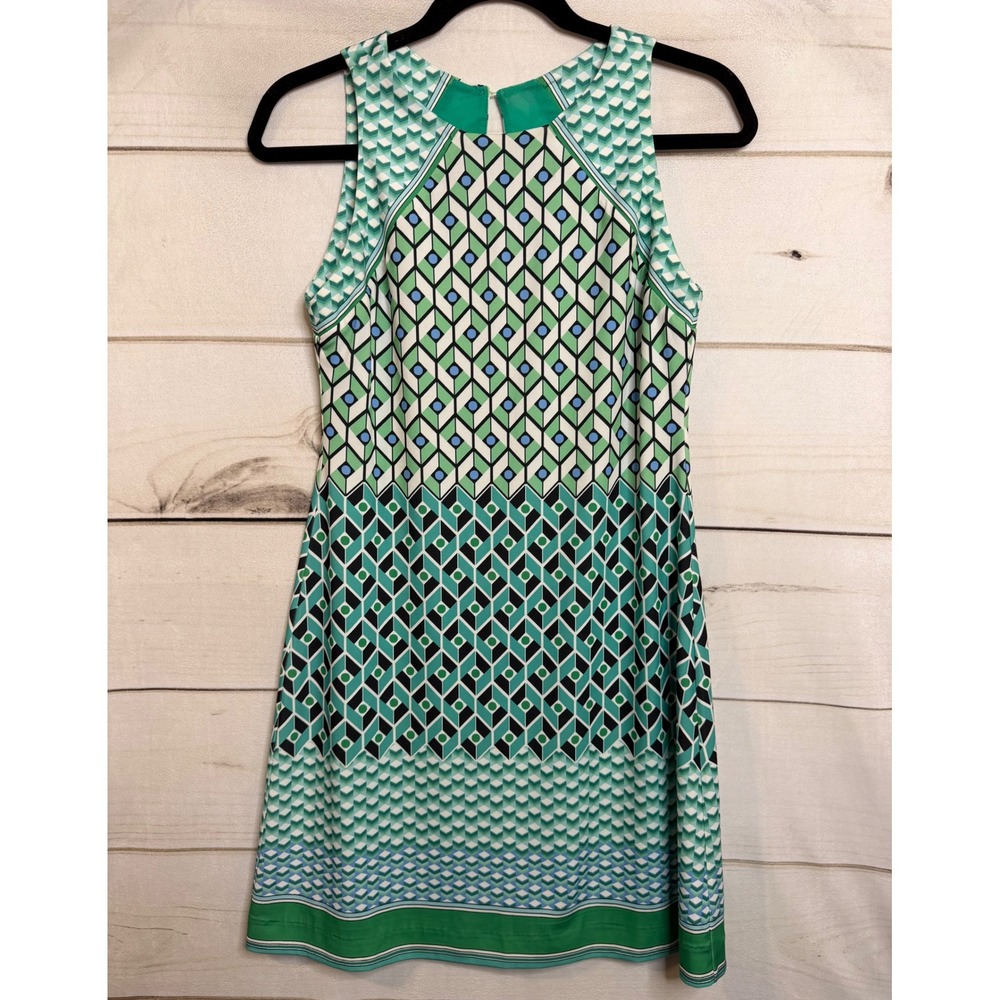 Hale Bob Green Geometric Print Sleeveless Shift Dress XS 22NB6219‎ Retro Mod